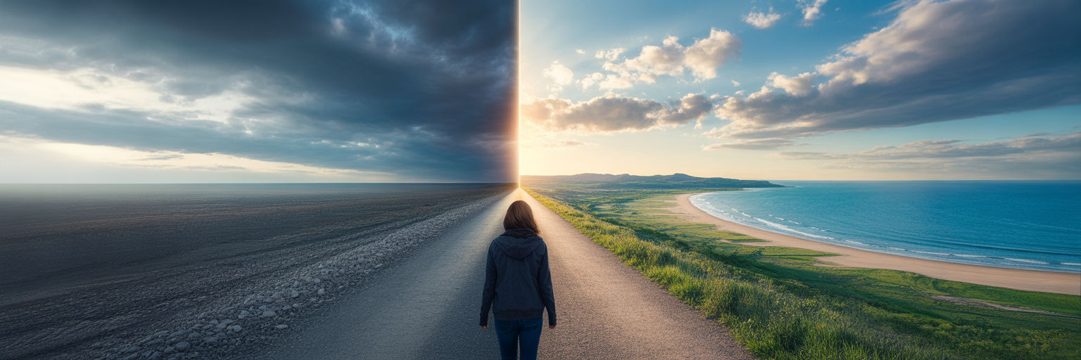 Una persona caminando hacia la bifurcación entre un cielo tormentoso y uno despejado