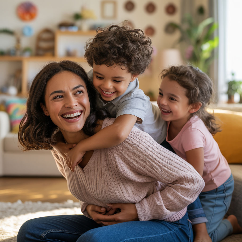 Una mamá riendo con sus dos hijos en la sala de la casa
