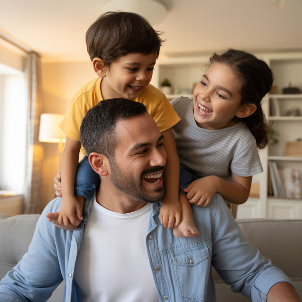 Un papá riendo con sus dos hijos sobre los hombros