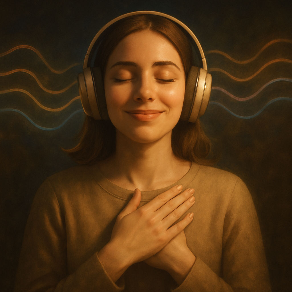 Mujer escuchando con los ojos cerrados y la mano en el pecho